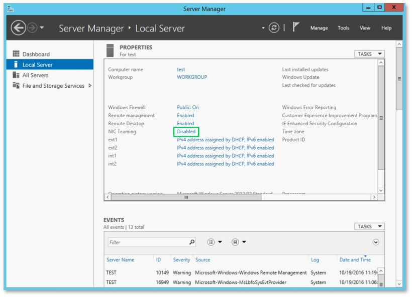 NIC Teaming disabled in Server Manager