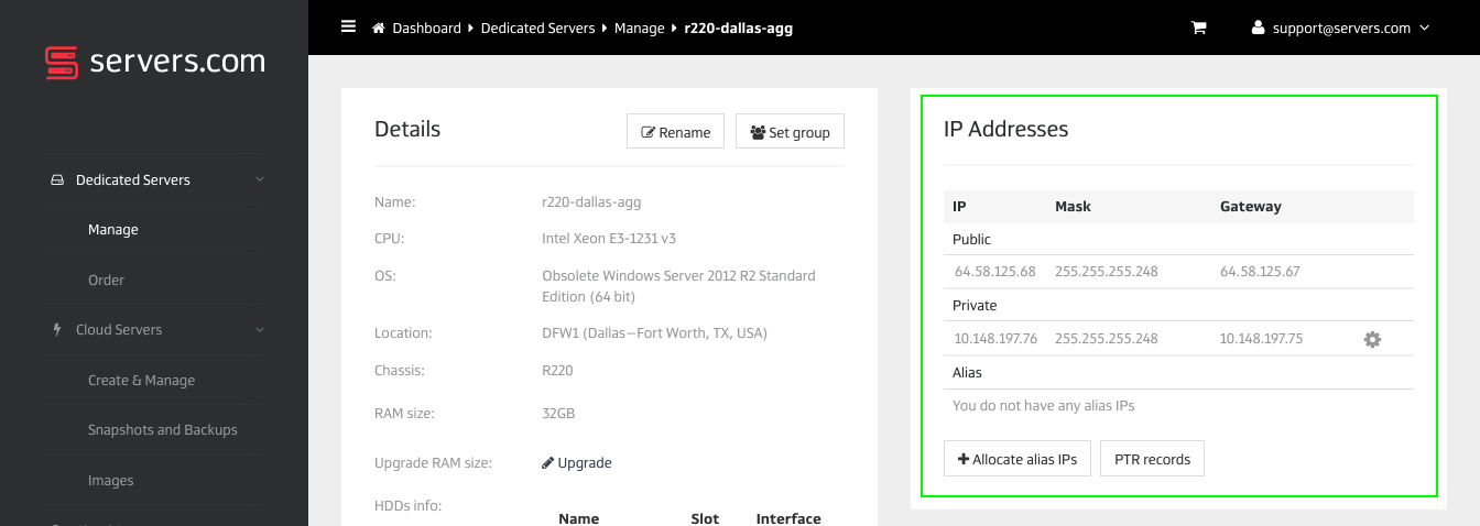 Server details page in the Customer Portal
