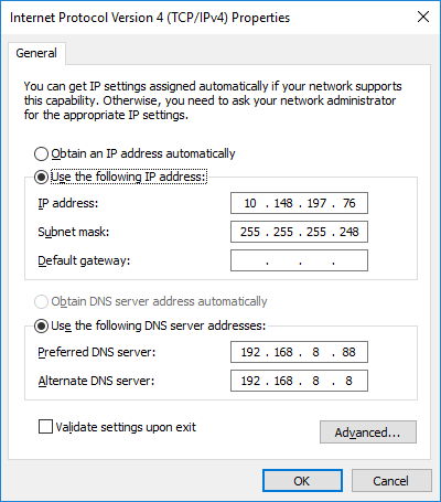 IPv4 settings for the private network interface