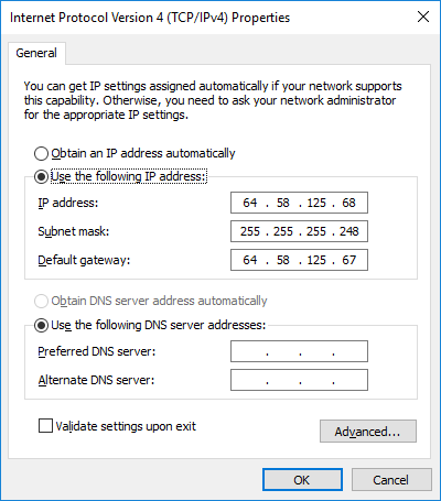 IPv4 settings for the public network interface