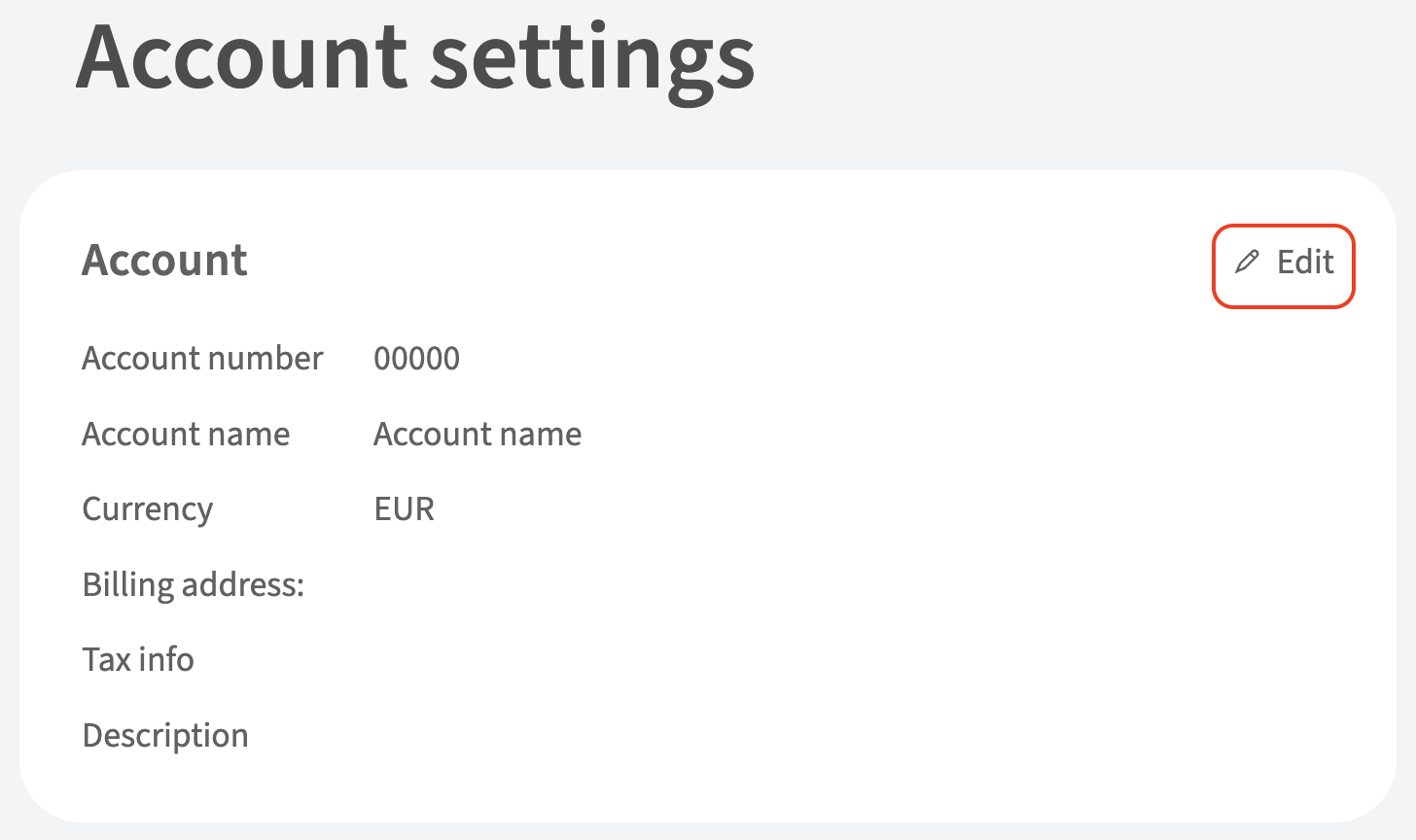 dashboard with account settings info