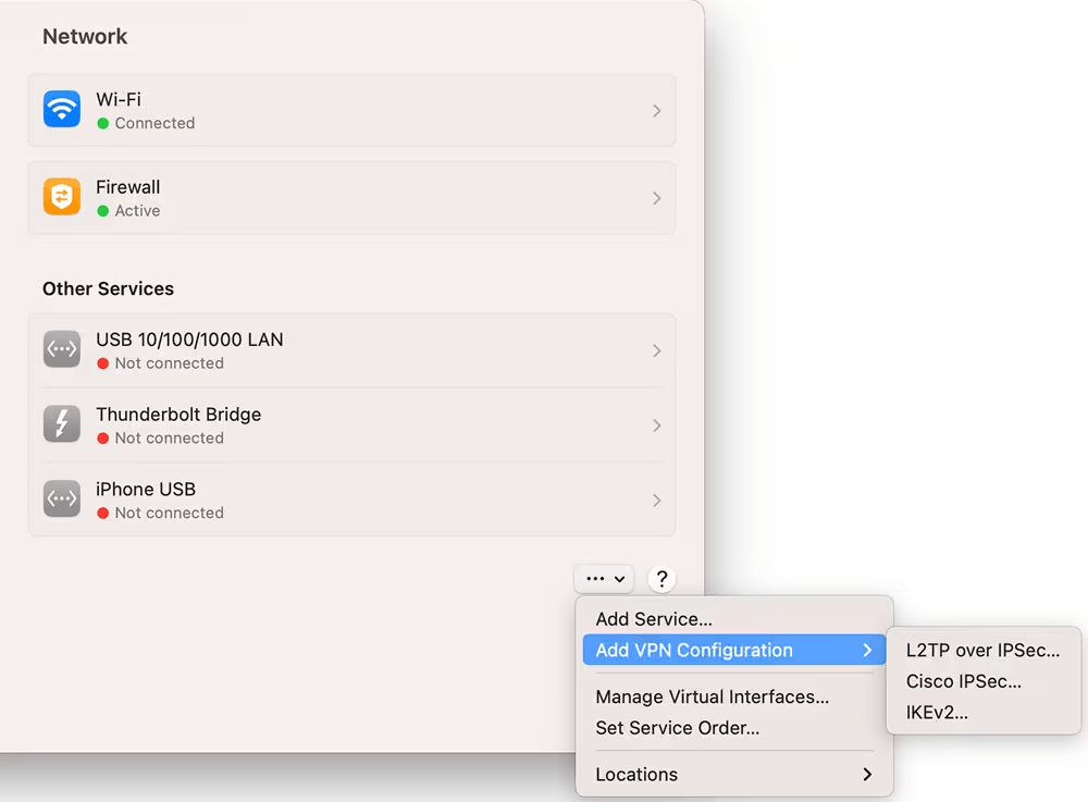 Adding a VPN configuration in macOS Network settings